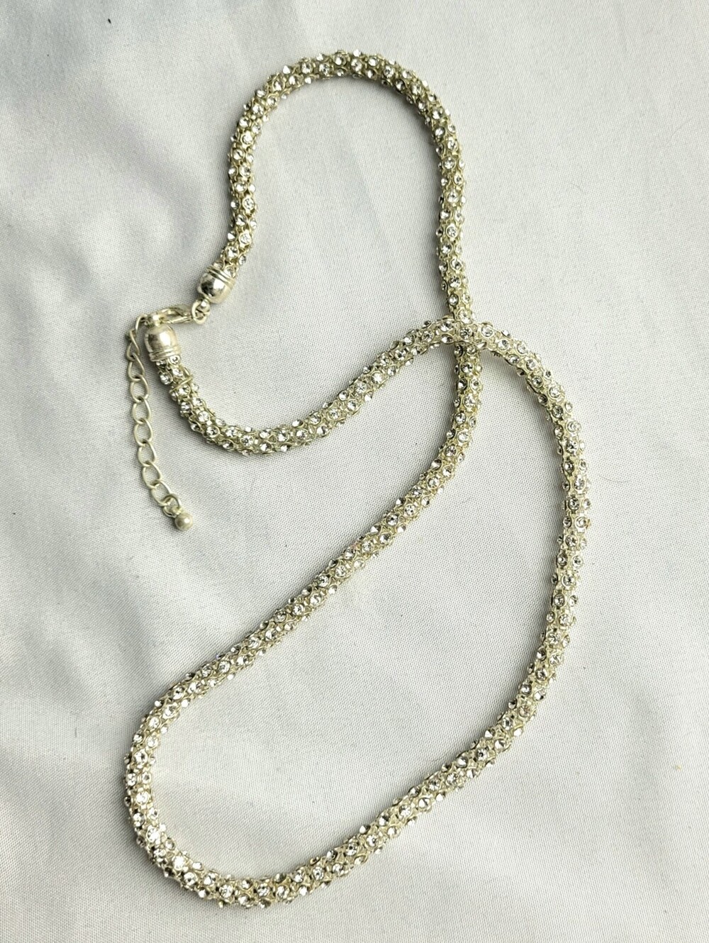 Elegant Silver Tone Rhinestone Rope Necklace with Adjustable Clasp 23"
